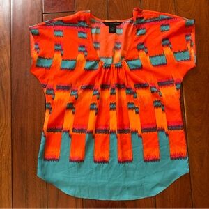 Calvin Klein Top Womens Size M Blue Orange Colorful Boho Drapey Scoop Neck